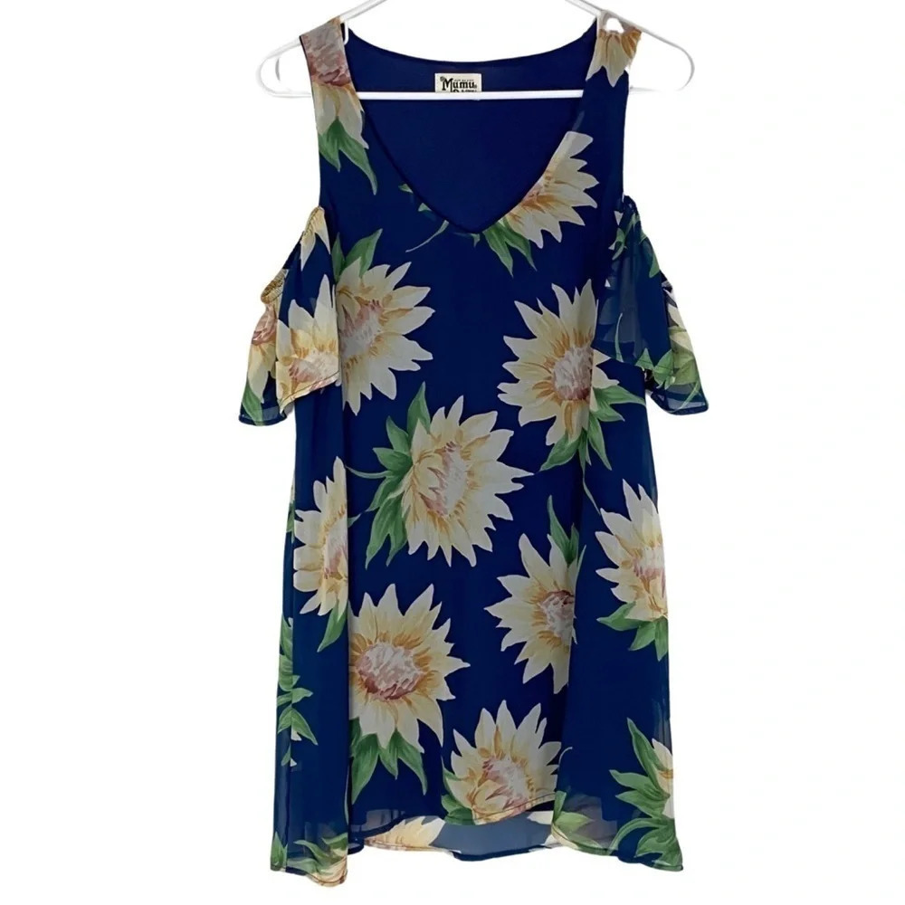 Show Me Your Mumu Birdie Ruffle Dress Womens XS Small Navy Blue Sunflower Mini